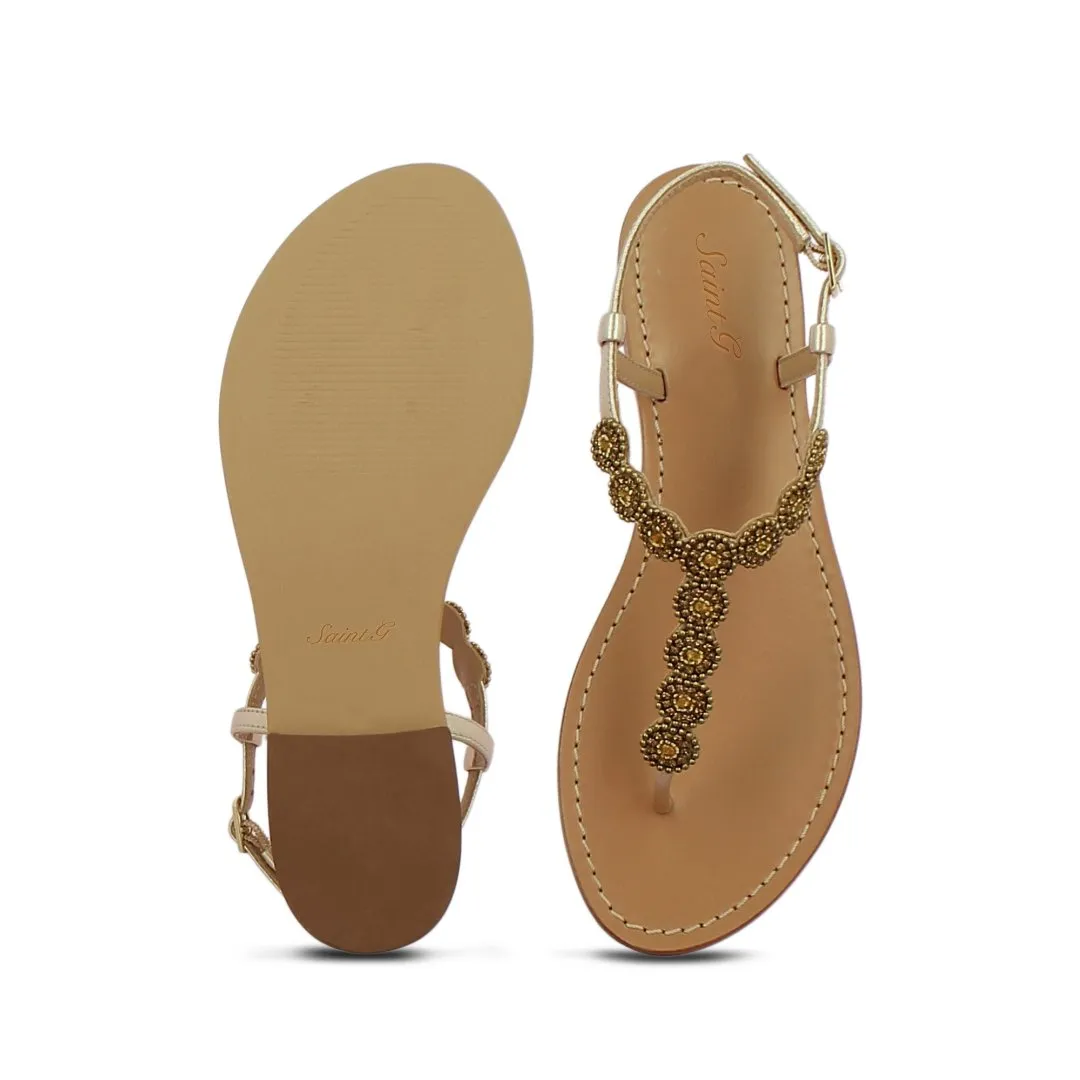 Alcina Metallic Platin Leather With gold Embroidery Sandals