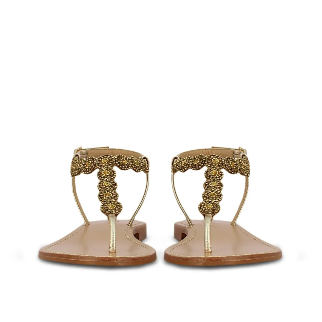Alcina Metallic Platin Leather With gold Embroidery Sandals