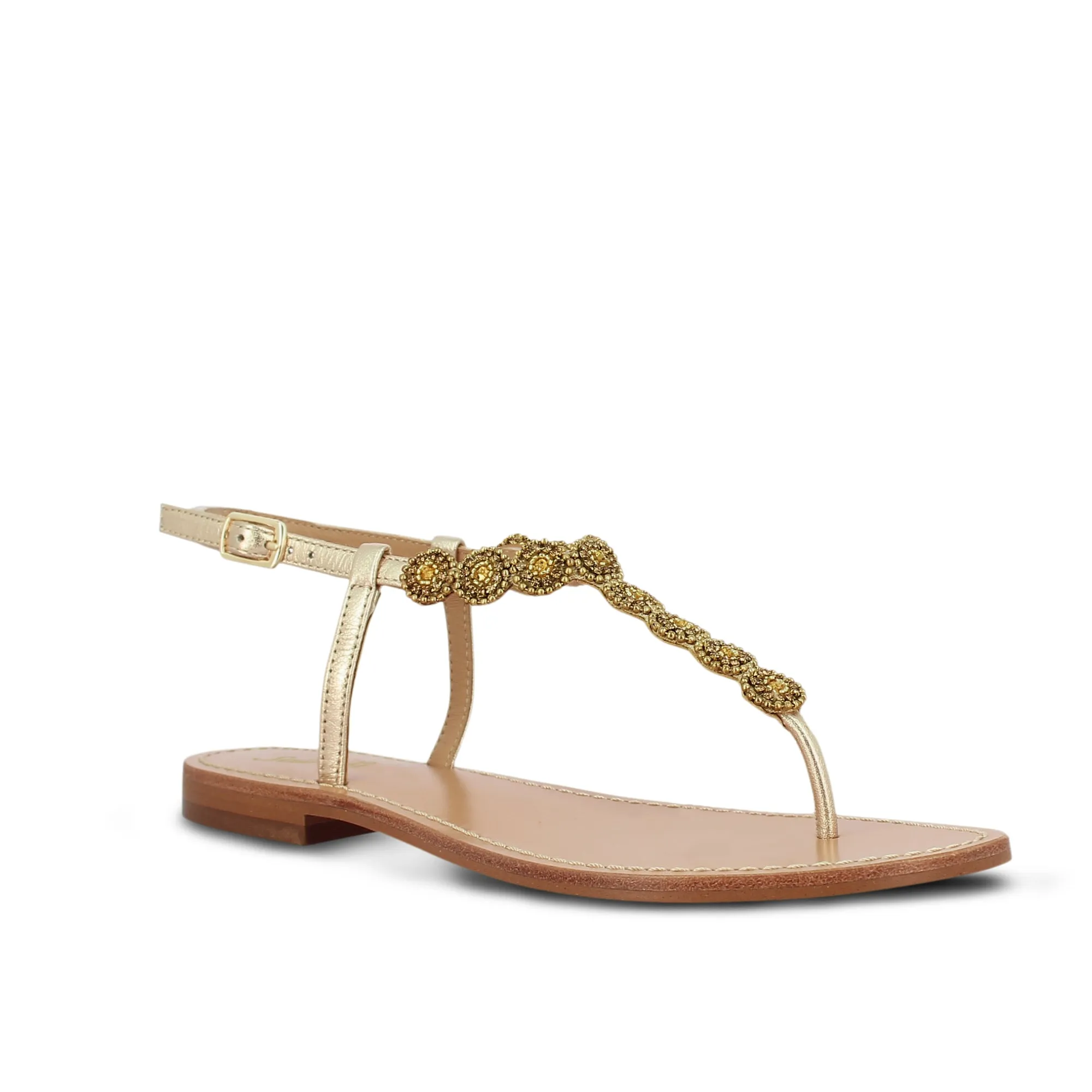 Alcina Metallic Platin Leather With gold Embroidery Sandals