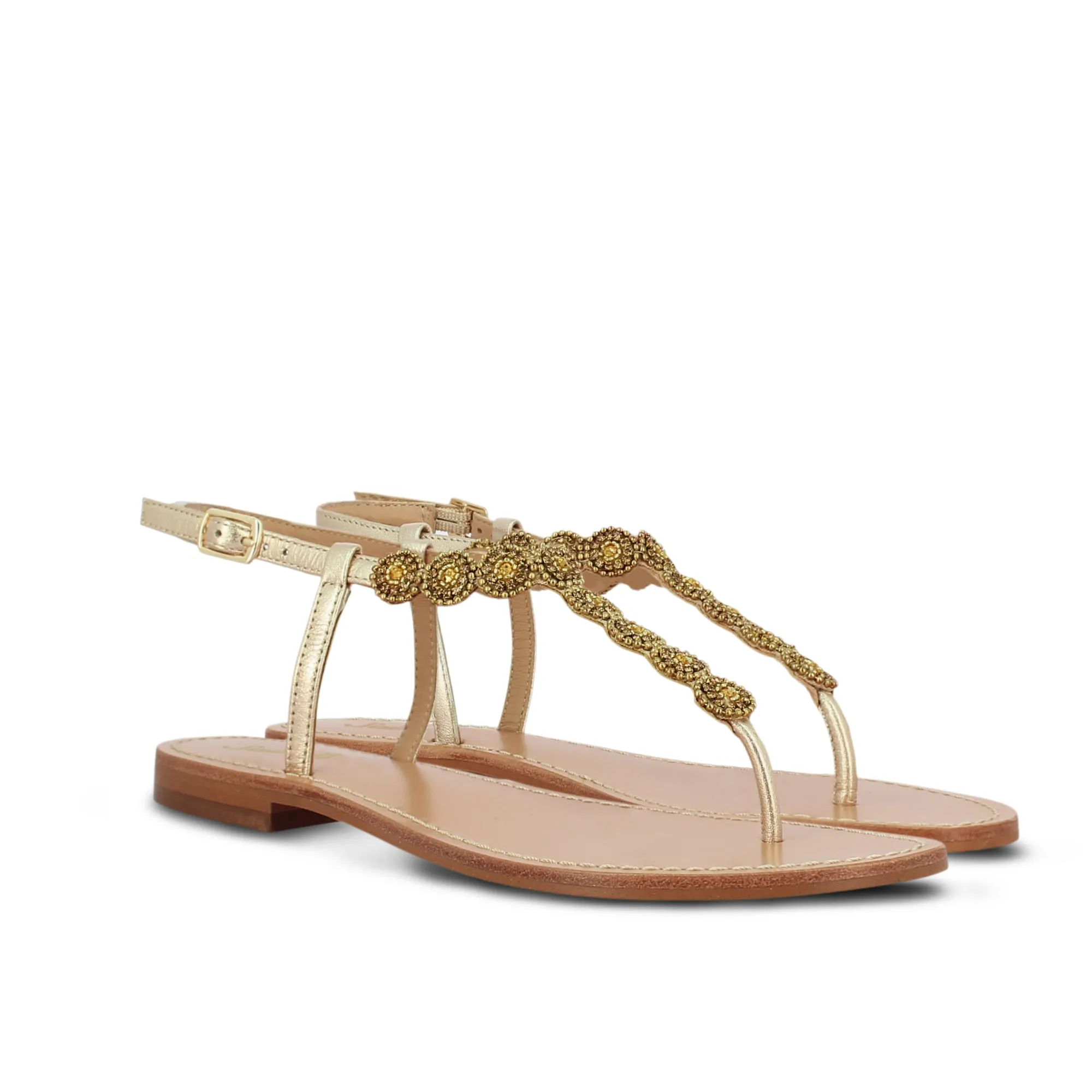 Alcina Metallic Platin Leather With gold Embroidery Sandals