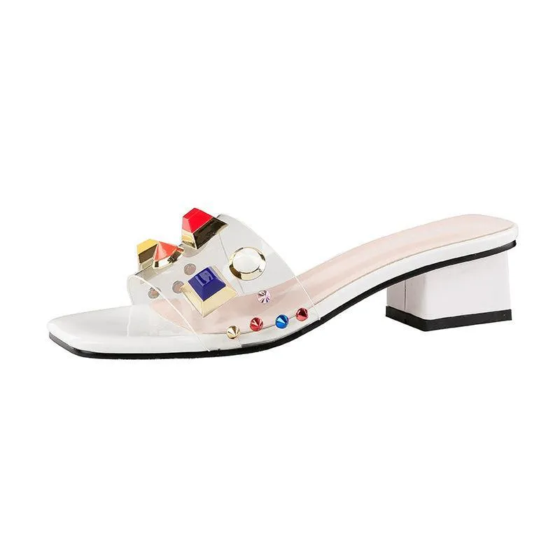 Chicvane Multicolor Studded Chunky Heel Slides Shoes
