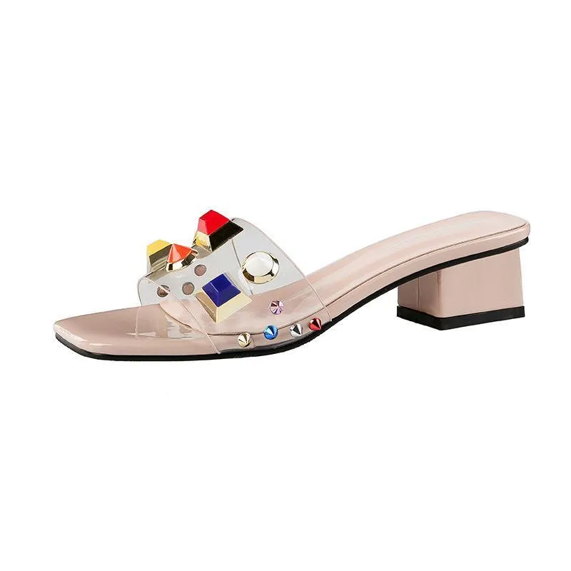 Chicvane Multicolor Studded Chunky Heel Slides Shoes