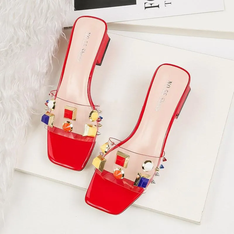 Chicvane Multicolor Studded Chunky Heel Slides Shoes