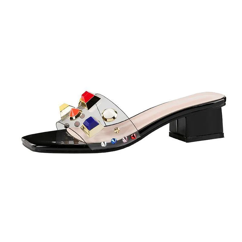 Chicvane Multicolor Studded Chunky Heel Slides Shoes