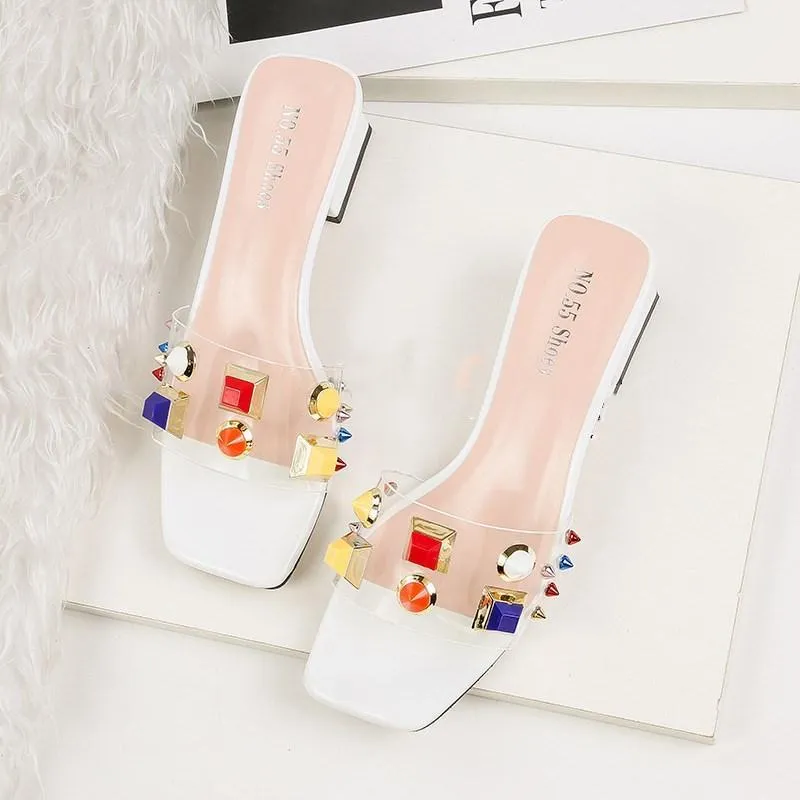 Chicvane Multicolor Studded Chunky Heel Slides Shoes