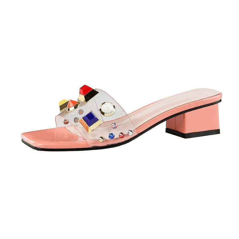 Chicvane Multicolor Studded Chunky Heel Slides Shoes