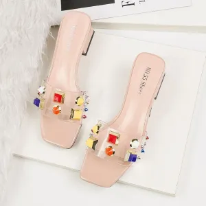 Chicvane Multicolor Studded Chunky Heel Slides Shoes