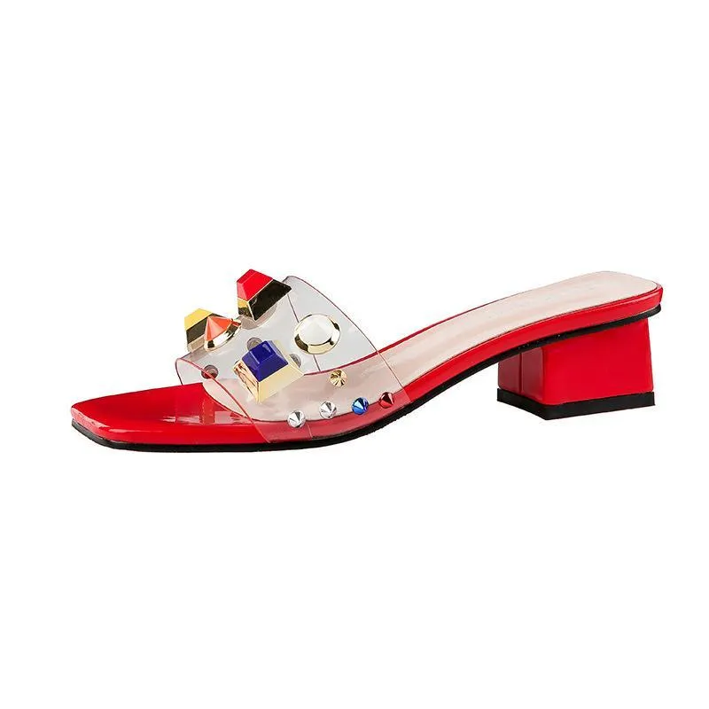 Chicvane Multicolor Studded Chunky Heel Slides Shoes