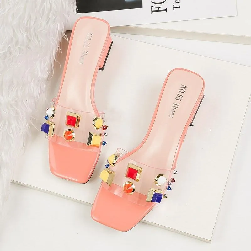 Chicvane Multicolor Studded Chunky Heel Slides Shoes
