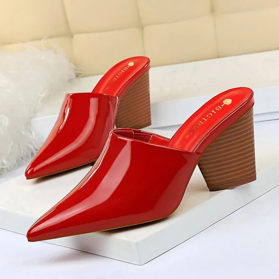 Chicvane Patent Leather Pointed Toe Mules Chunky Heel Slides Shoes