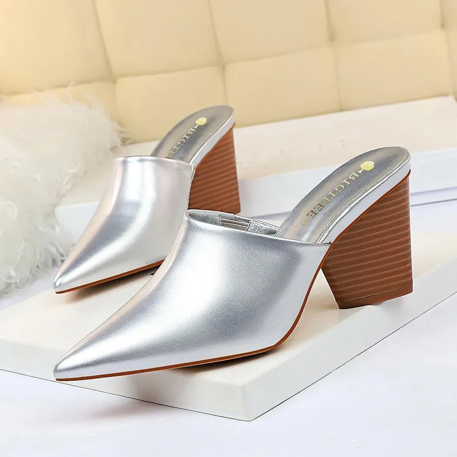 Chicvane Patent Leather Pointed Toe Mules Chunky Heel Slides Shoes