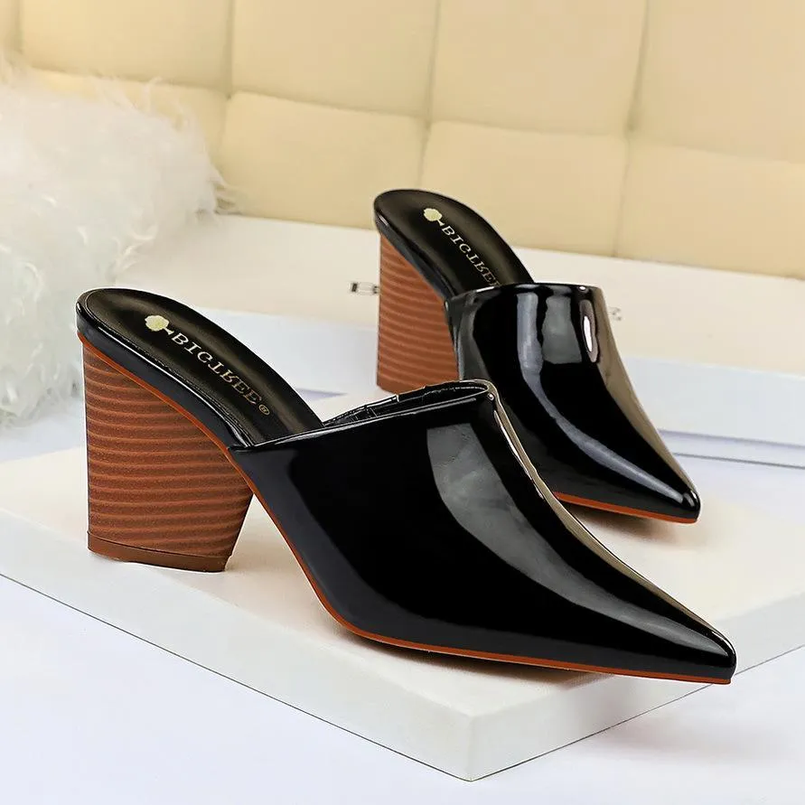 Chicvane Patent Leather Pointed Toe Mules Chunky Heel Slides Shoes