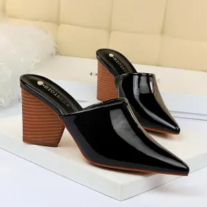 Chicvane Patent Leather Pointed Toe Mules Chunky Heel Slides Shoes