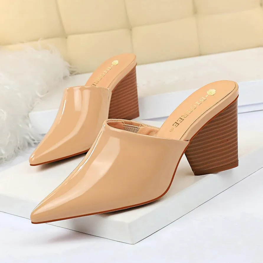 Chicvane Patent Leather Pointed Toe Mules Chunky Heel Slides Shoes