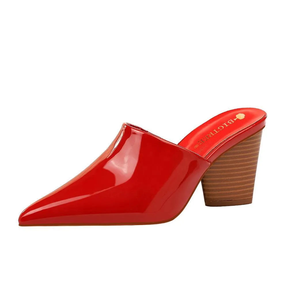 Chicvane Patent Leather Pointed Toe Mules Chunky Heel Slides Shoes