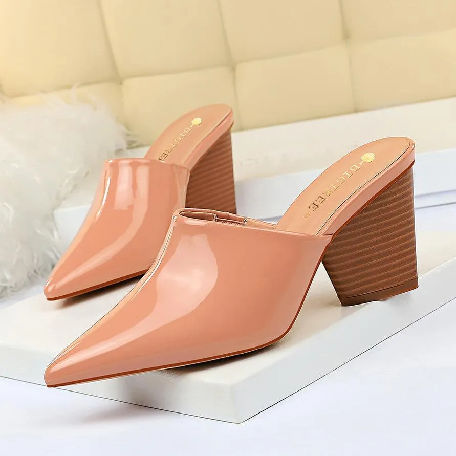 Chicvane Patent Leather Pointed Toe Mules Chunky Heel Slides Shoes