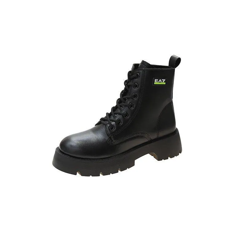 Chicvane Womens Black PU Round Toe Platform Heels Lace Up Ankle  Martin Boots