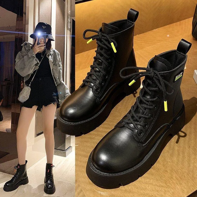 Chicvane Womens Black PU Round Toe Platform Heels Lace Up Ankle  Martin Boots