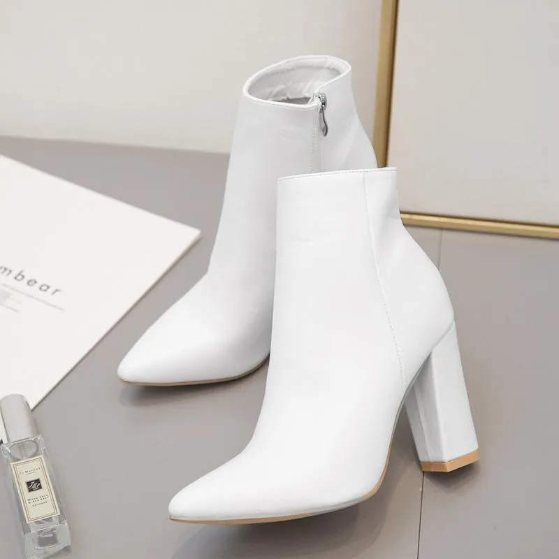 Chicvane Womens Zipper Closure Pointed Toe Chunky Heel Ankle Boots