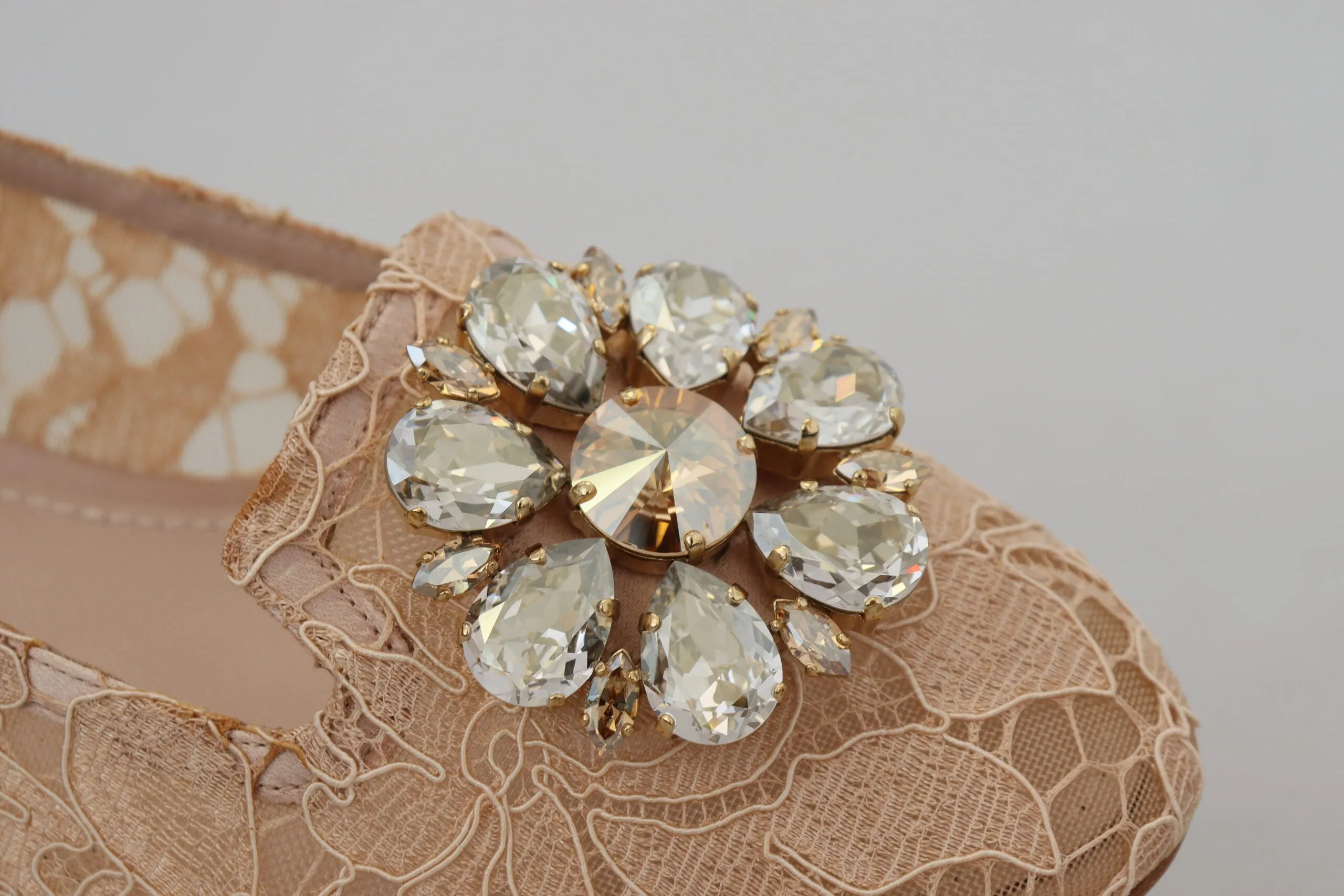 Dolce & Gabbana Elegant Beige Lace Vally Flats with Crystal Accent