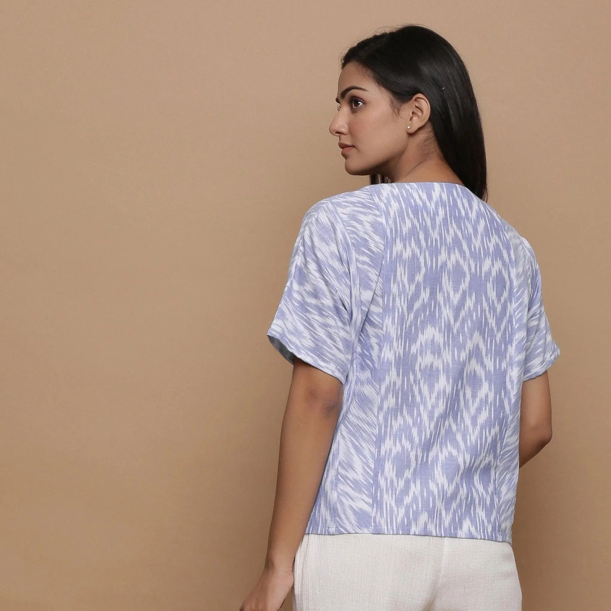 Handwoven Ikat Cotton Powder Blue Split Neck Paneled Top