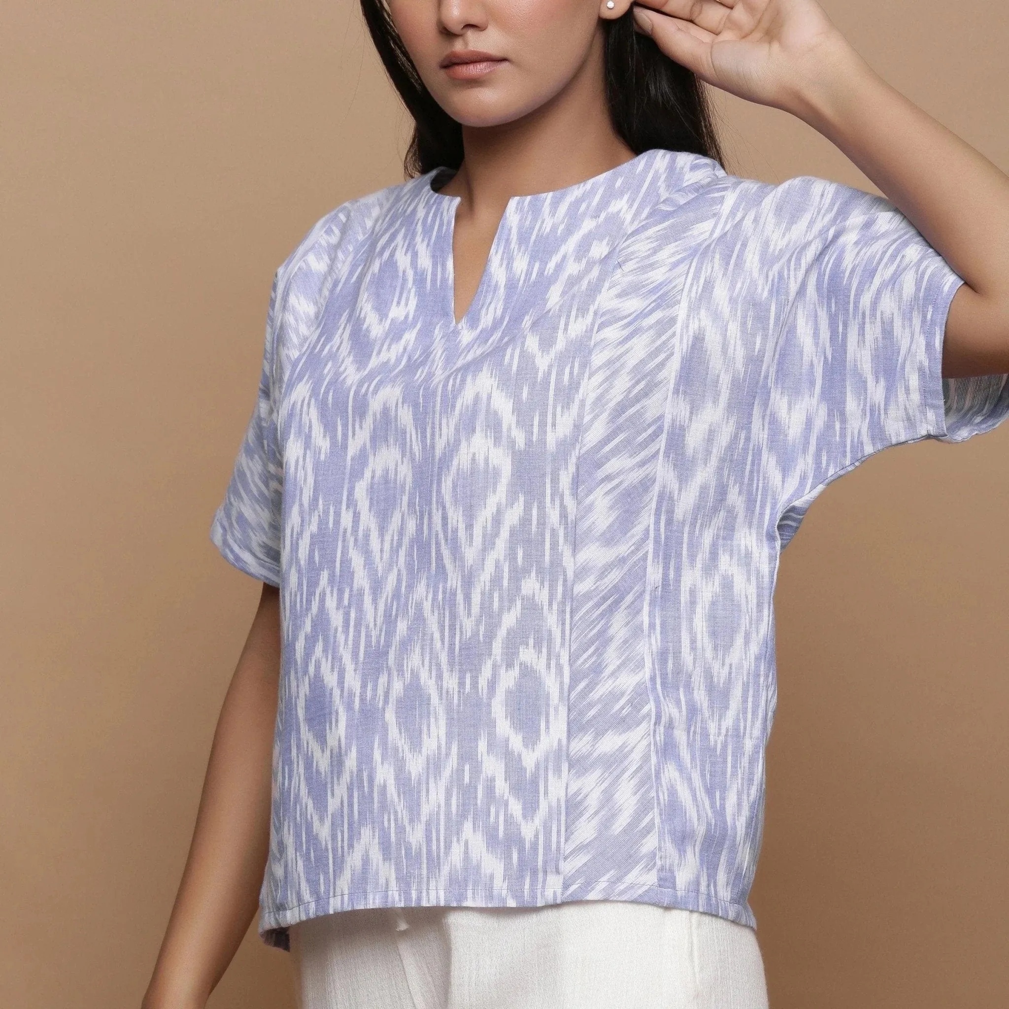 Handwoven Ikat Cotton Powder Blue Split Neck Paneled Top