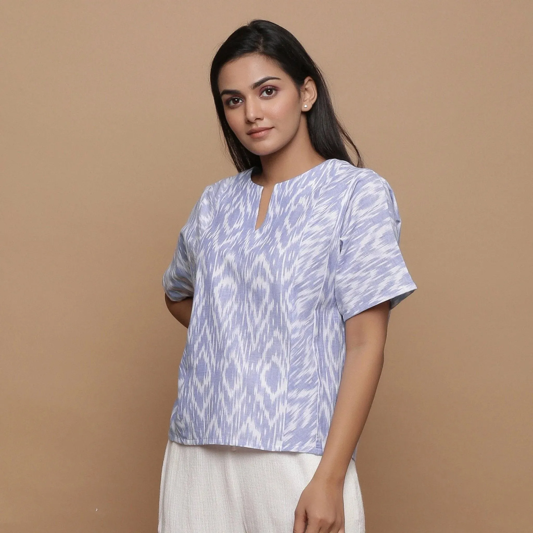 Handwoven Ikat Cotton Powder Blue Split Neck Paneled Top