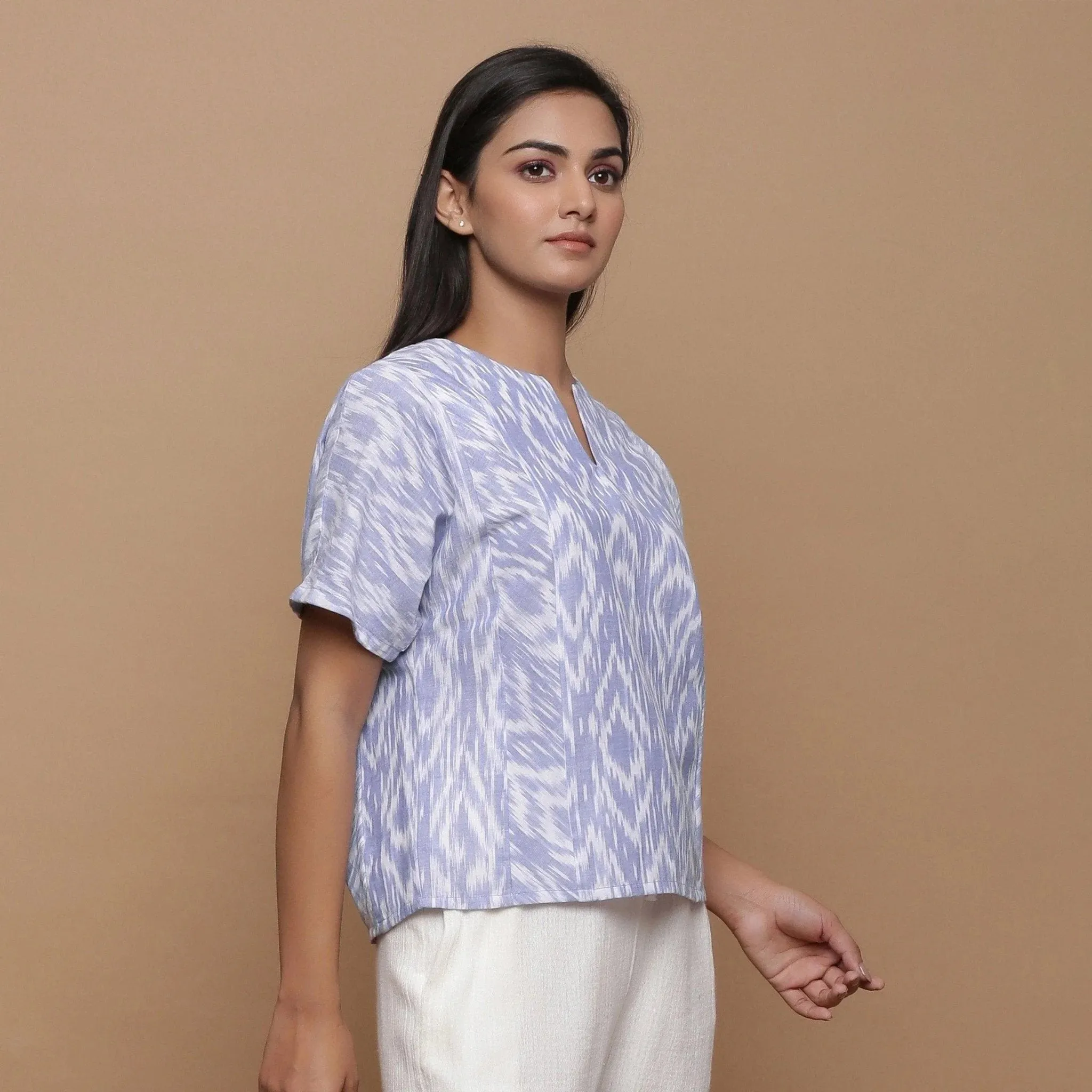 Handwoven Ikat Cotton Powder Blue Split Neck Paneled Top
