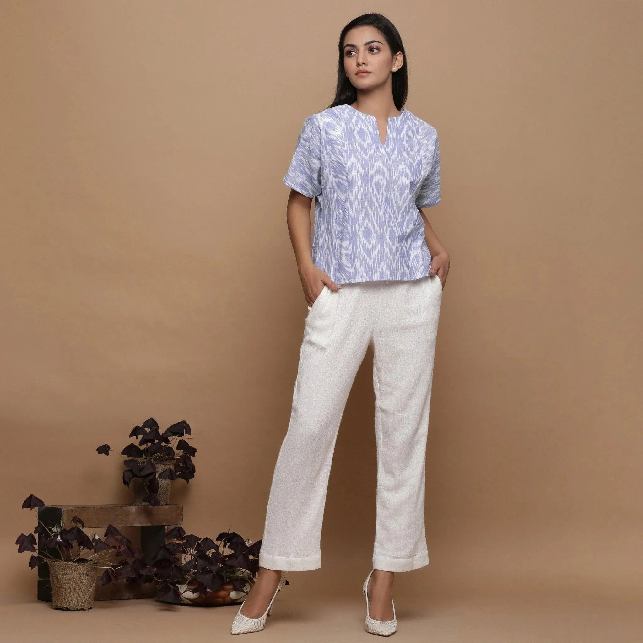 Handwoven Ikat Cotton Powder Blue Split Neck Paneled Top