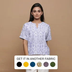 Handwoven Ikat Cotton Powder Blue Split Neck Paneled Top