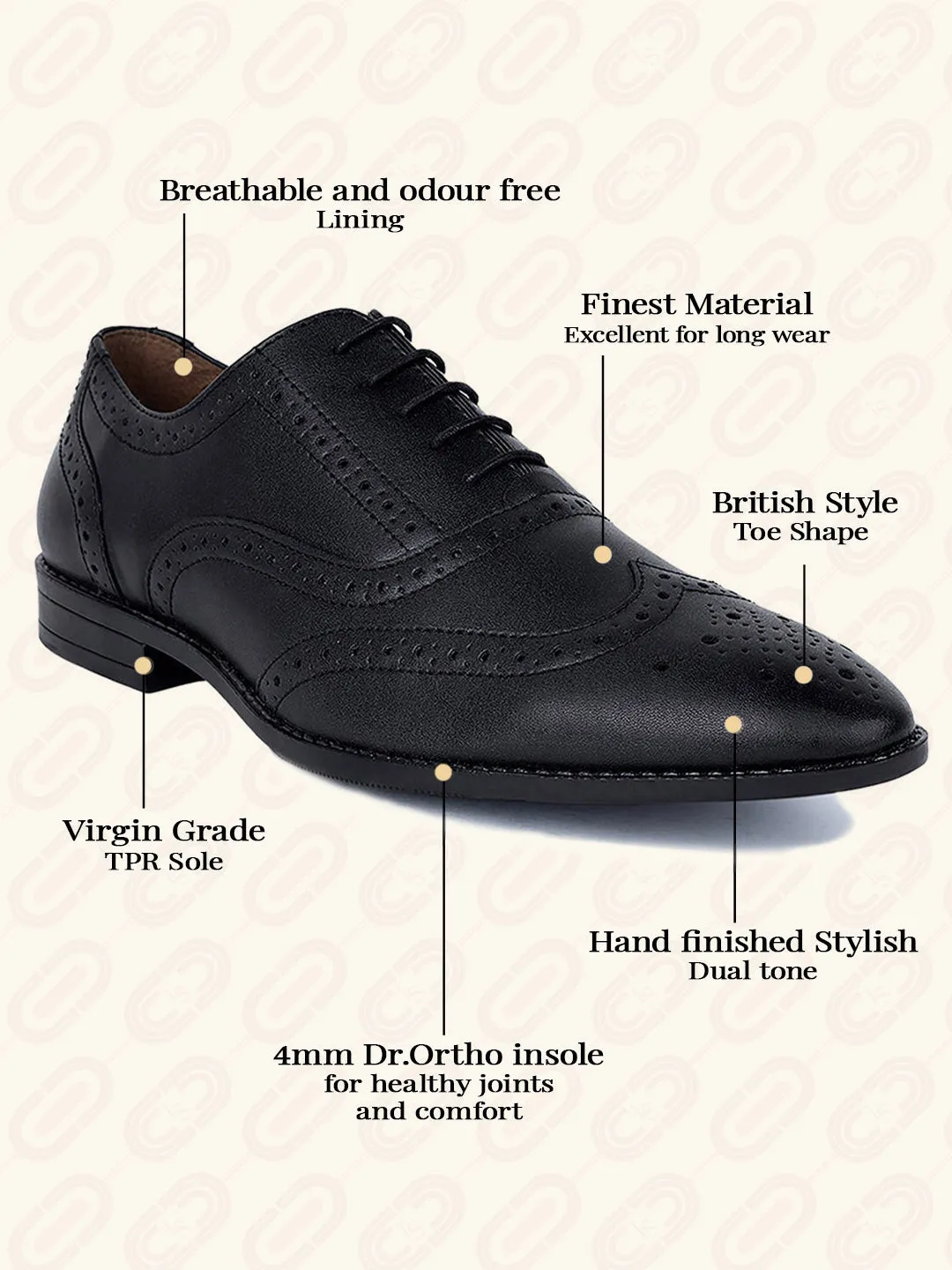 Jet Black Wingtip Brogue Style Comfortable Formal Lace Up Shoes