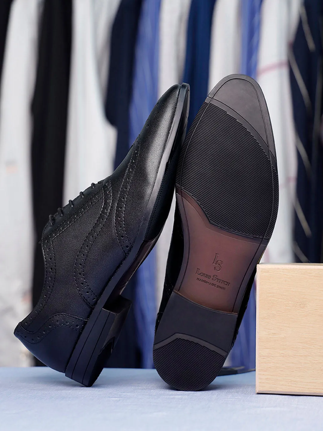 Jet Black Wingtip Brogue Style Comfortable Formal Lace Up Shoes