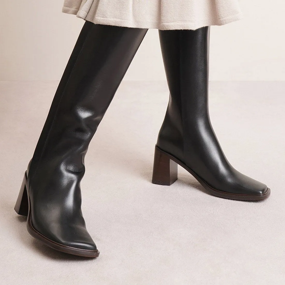 Patch black leather high boots