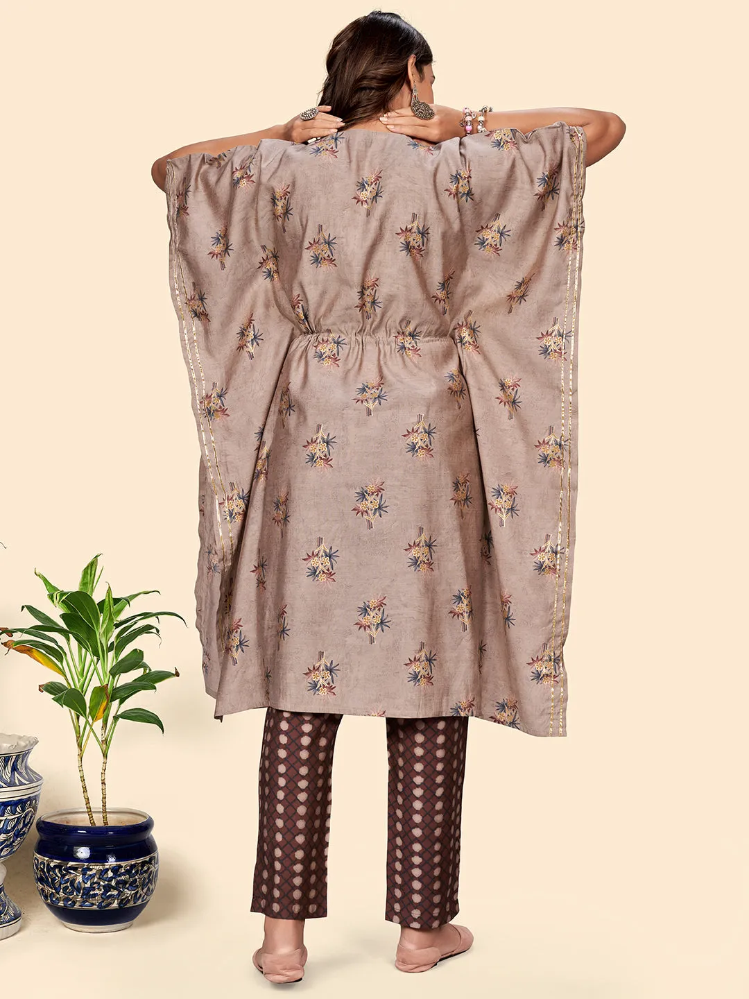 Women'S Embroidered & Mirror  Muslin Light Brown Stitched Kaftan Kurta With Pant Set