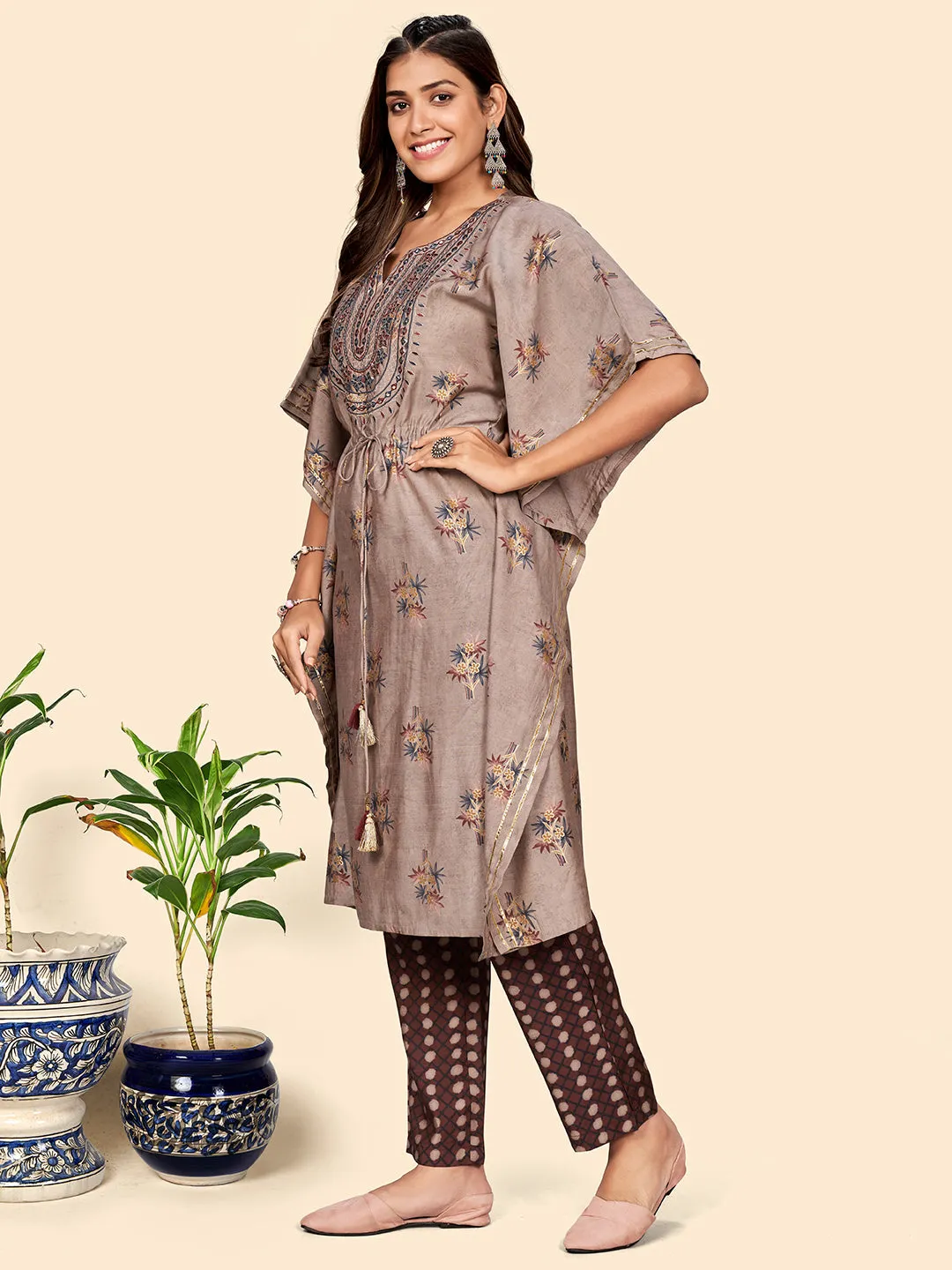 Women'S Embroidered & Mirror  Muslin Light Brown Stitched Kaftan Kurta With Pant Set
