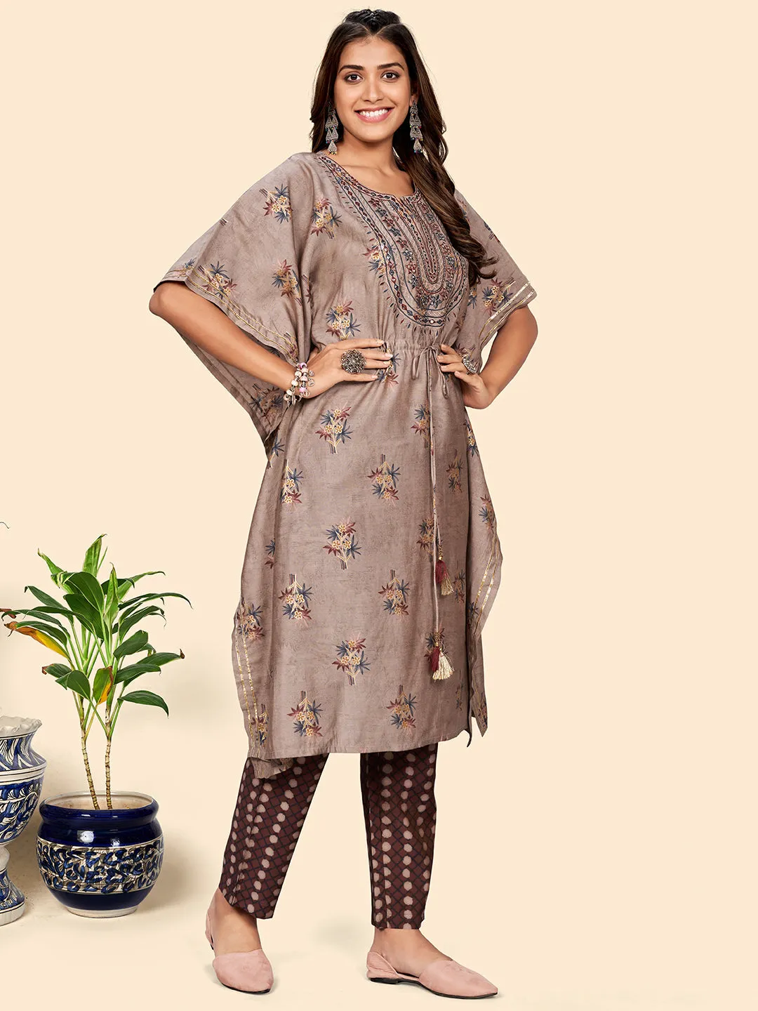 Women'S Embroidered & Mirror  Muslin Light Brown Stitched Kaftan Kurta With Pant Set