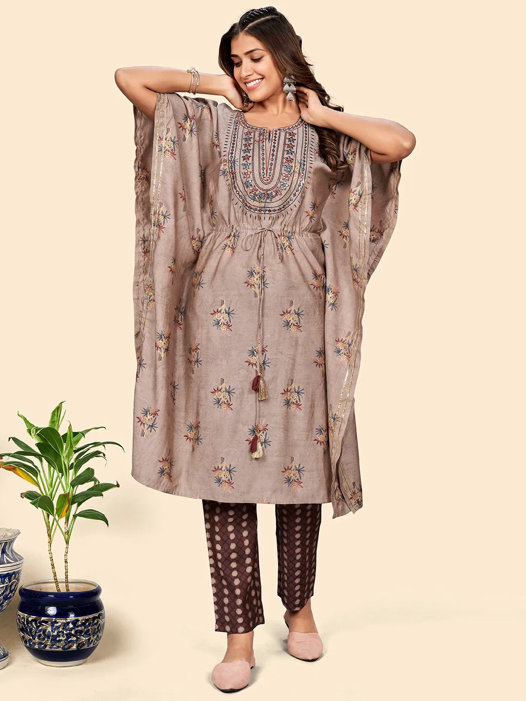 Women'S Embroidered & Mirror  Muslin Light Brown Stitched Kaftan Kurta With Pant Set